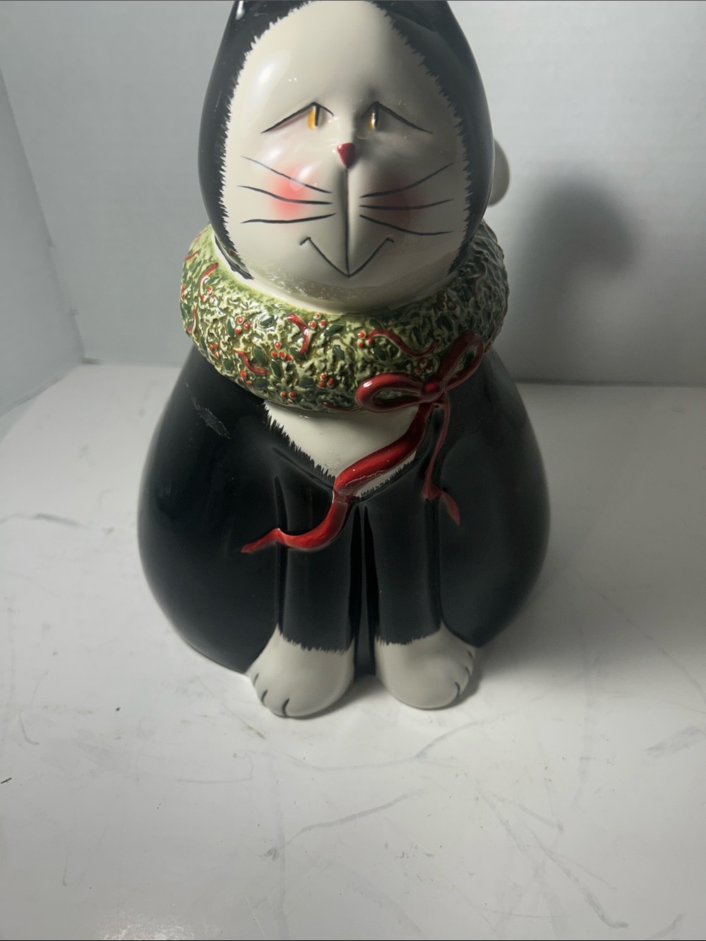 Sakura Black and White Cat Figurine with Green Collar and Red Bow